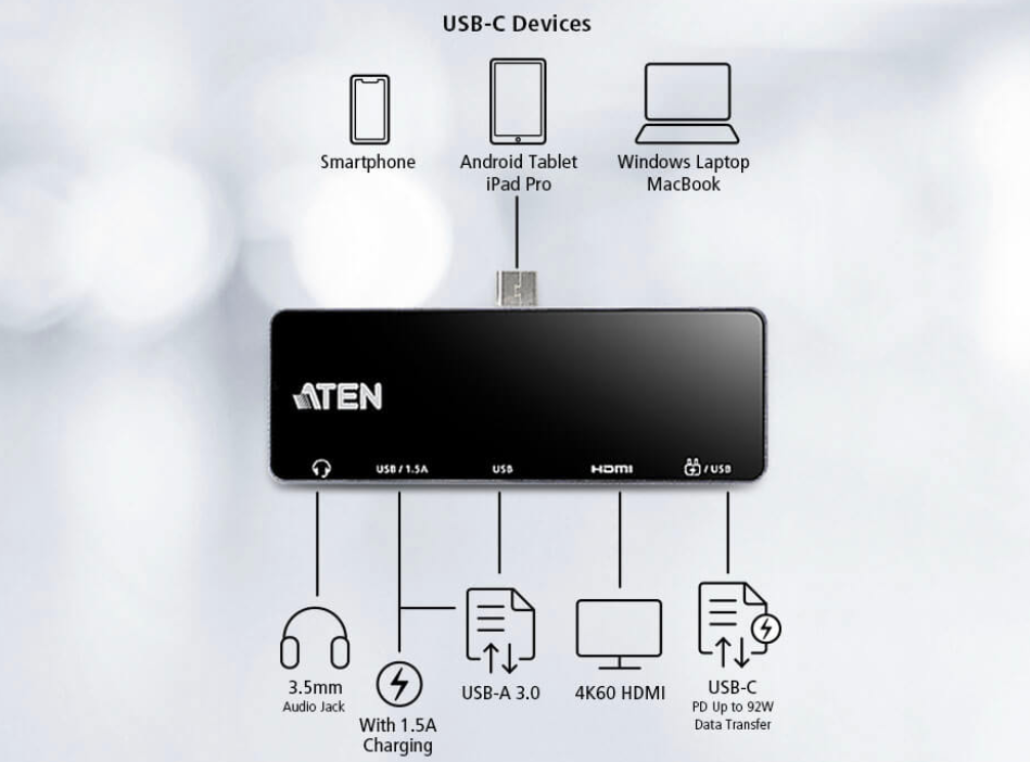 ATEN USB-C Travel Dock with Power Pass-Through