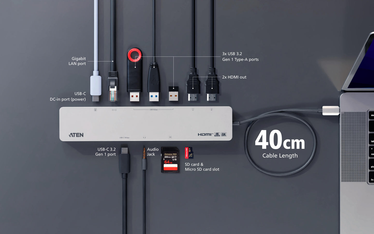 ATEN UH3240 USB-C Multiport Dock with Power Pass-Through